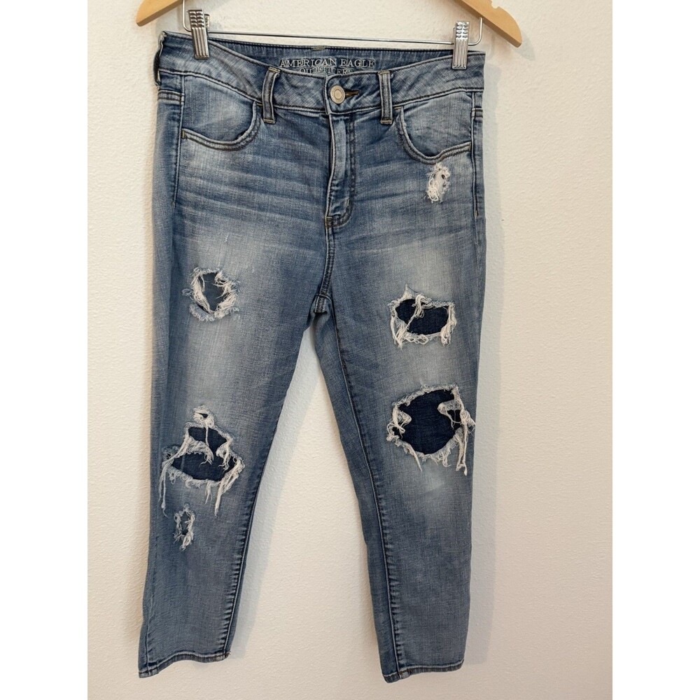 American Eagle Jeans Women's Size 10 Blue High Rise Jegging Crop Stretch Patched
